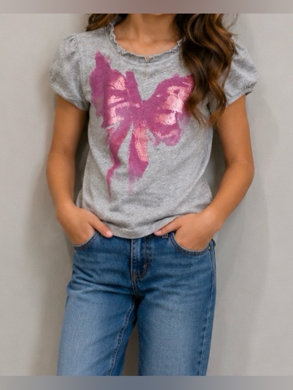 Vintage Juicy Couture Shirt Top Gray Tee Pink Bow Cap Blouse Girls Ruffle Y2K